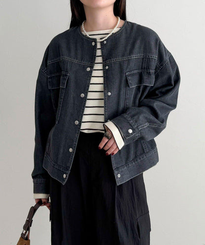 微色調牛仔無領夾克