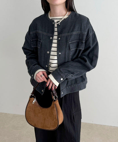 微色調牛仔無領夾克