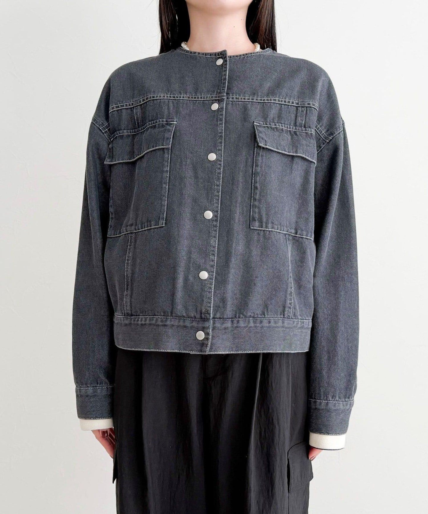 微色調牛仔無領夾克