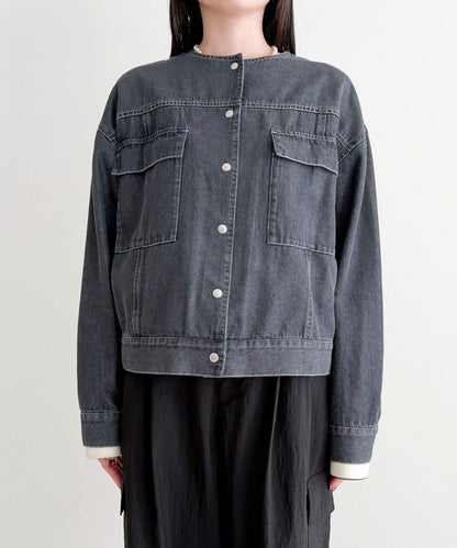 微色調牛仔無領夾克