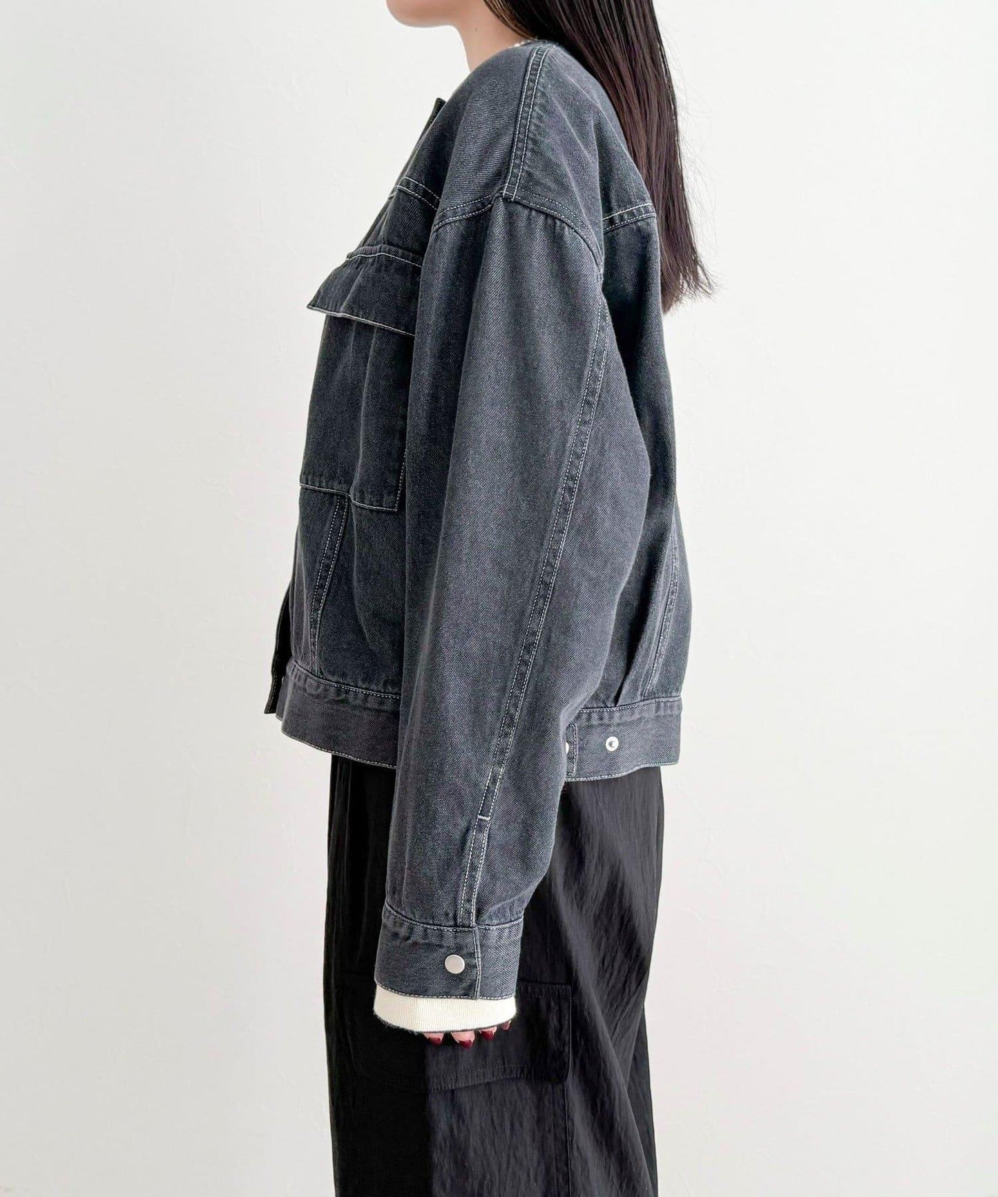 微色調牛仔無領夾克