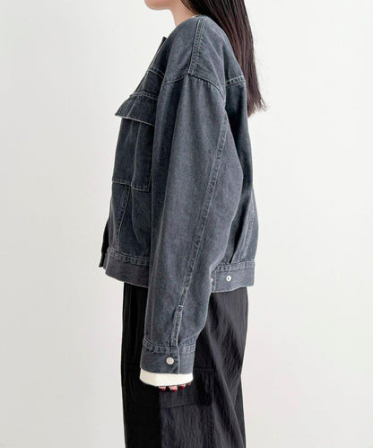 微色調牛仔無領夾克