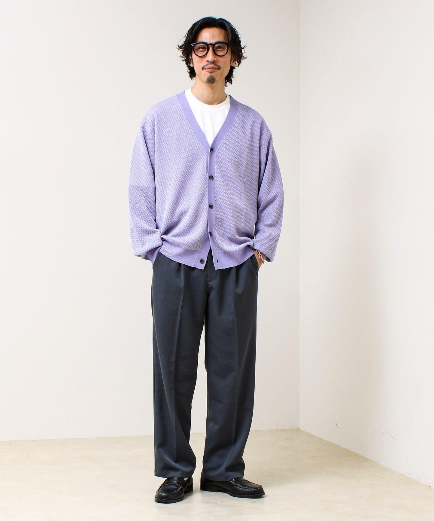 清爽觸感 V領 鳥眼紋 crunchy 針織開衫