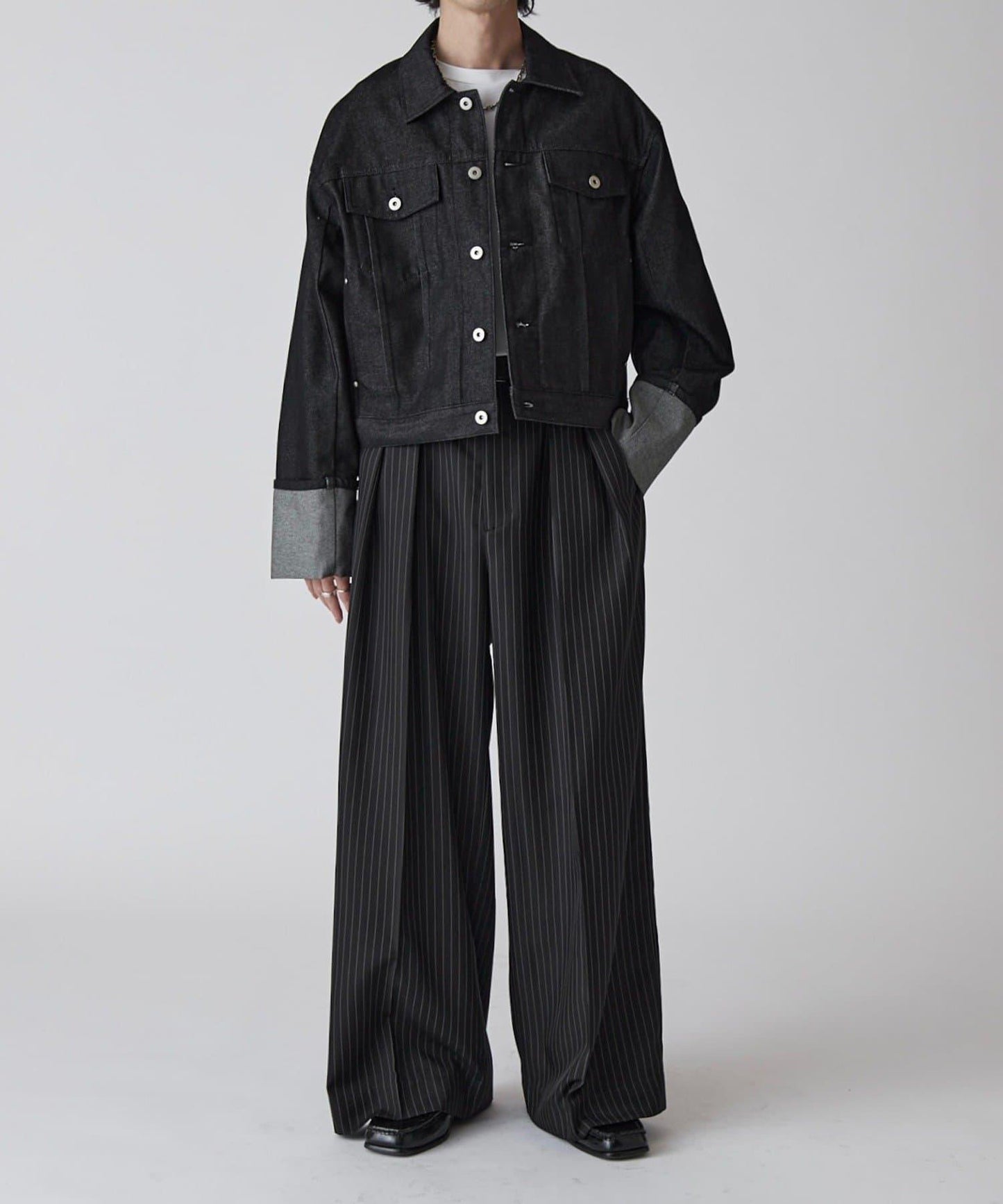 Neucon 細條紋雙褶闊腿西裝褲 套裝可搭配