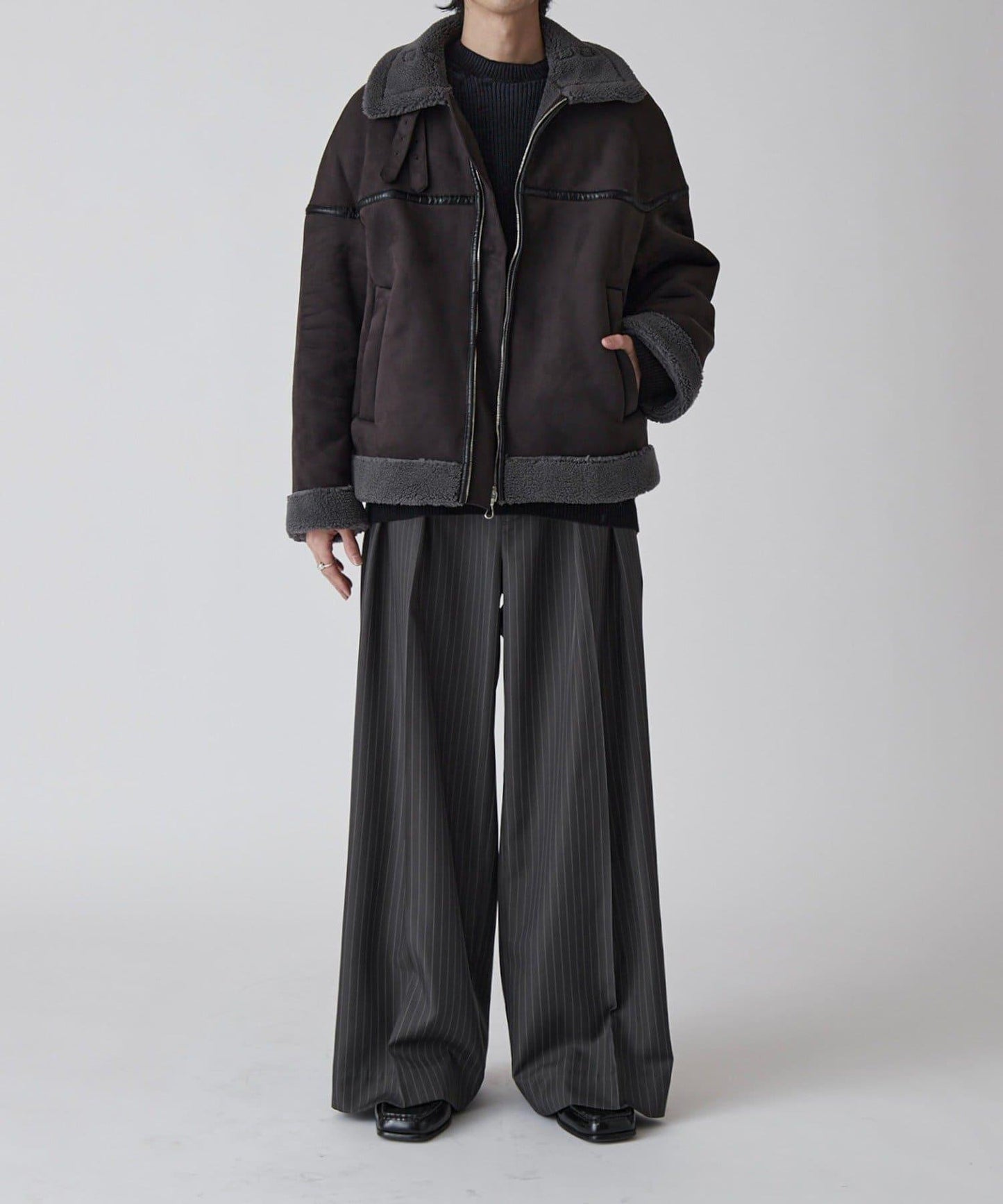 Neucon 細條紋雙褶闊腿西裝褲 套裝可搭配