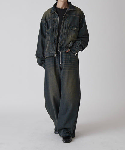 Neucon 寬鬆彎刀版型 水洗做舊牛仔 褲子（可成套搭配）