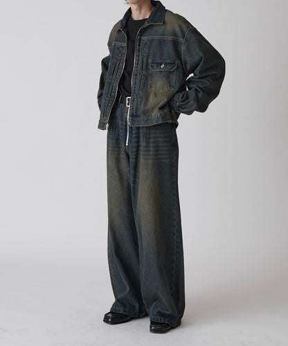 Neucon 寬鬆彎刀版型 水洗做舊牛仔 褲子（可成套搭配）