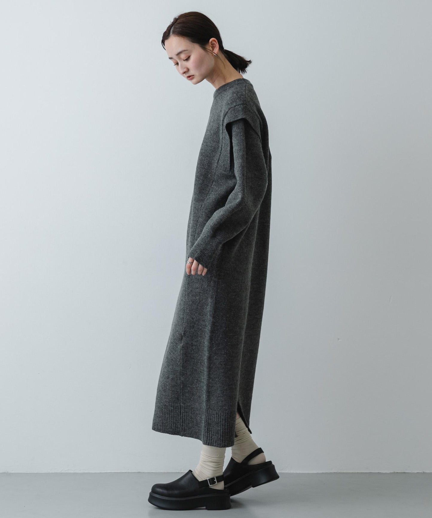 肩褶設計 針織 連衣裙