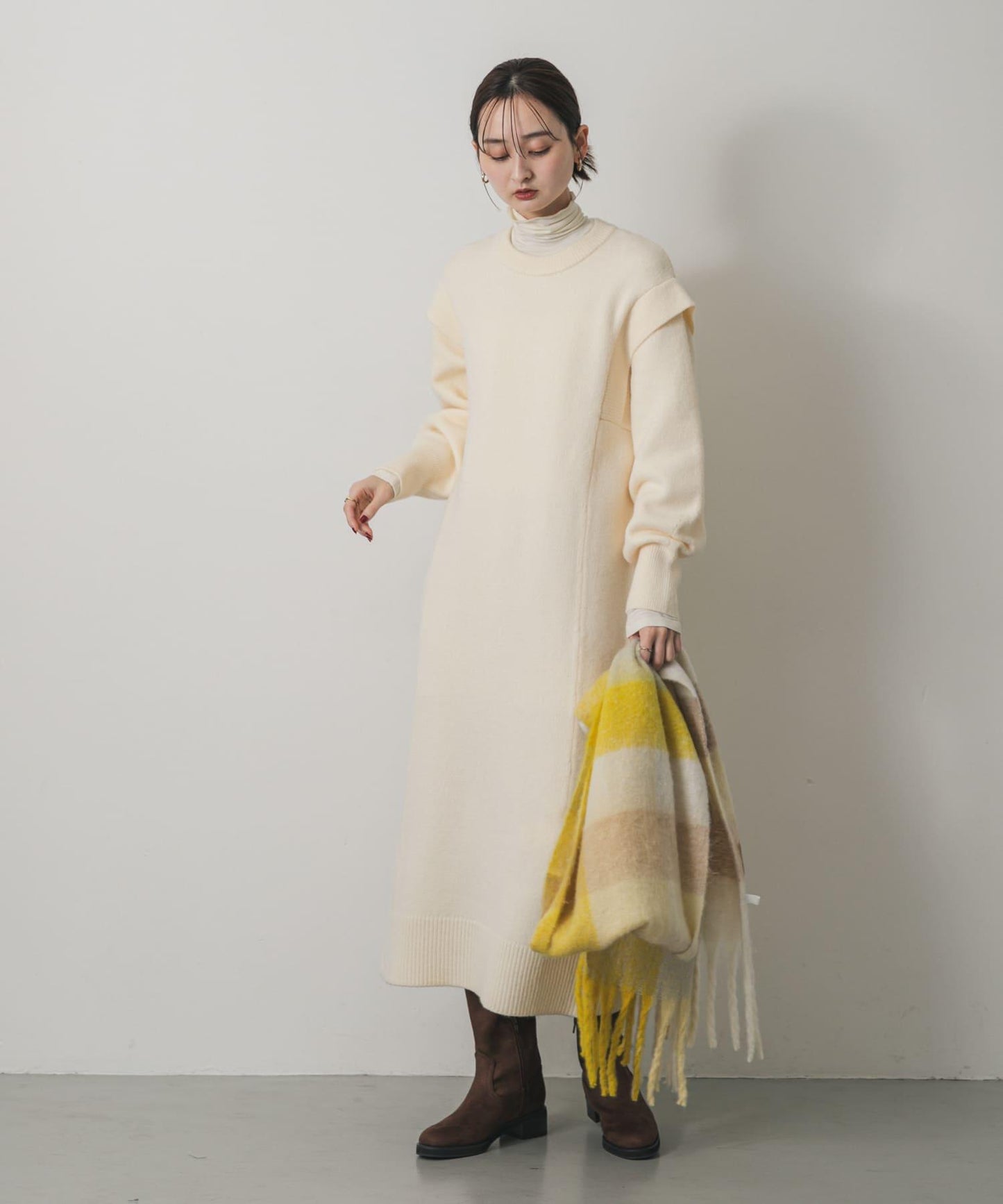 肩褶設計 針織 連衣裙