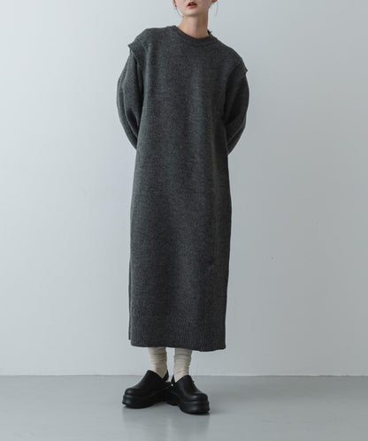 肩褶設計 針織 連衣裙