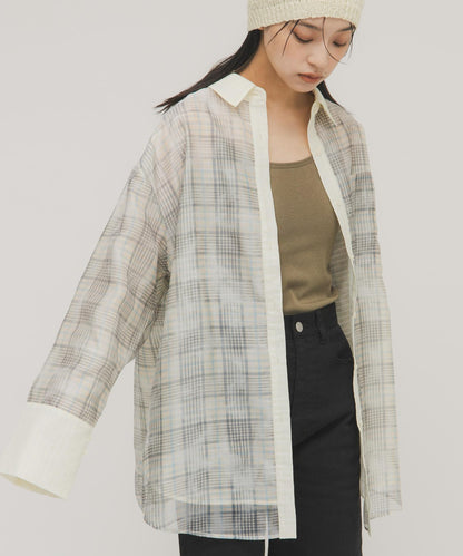 輕透格紋層疊設計襯衫