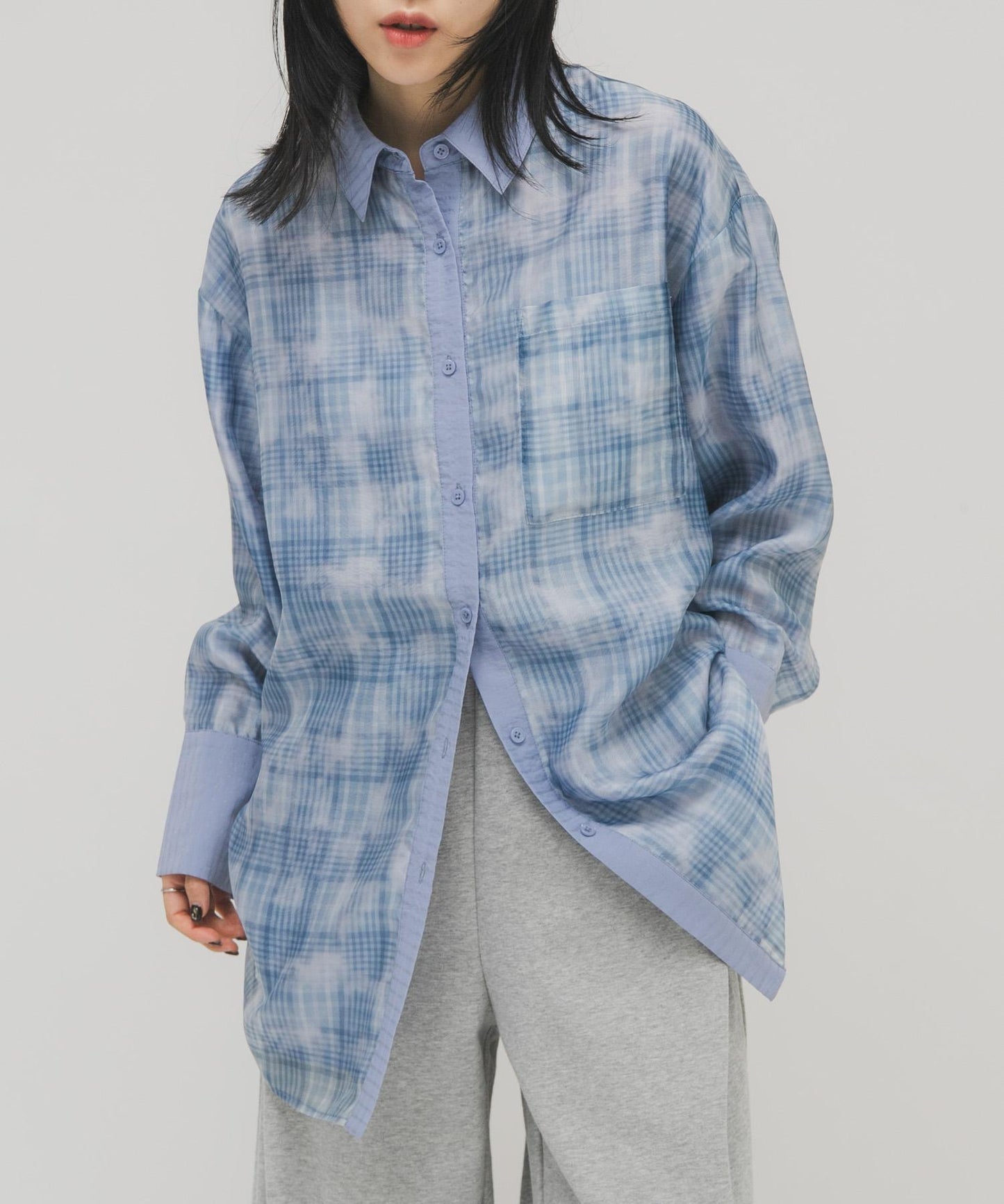 輕透格紋層疊設計襯衫