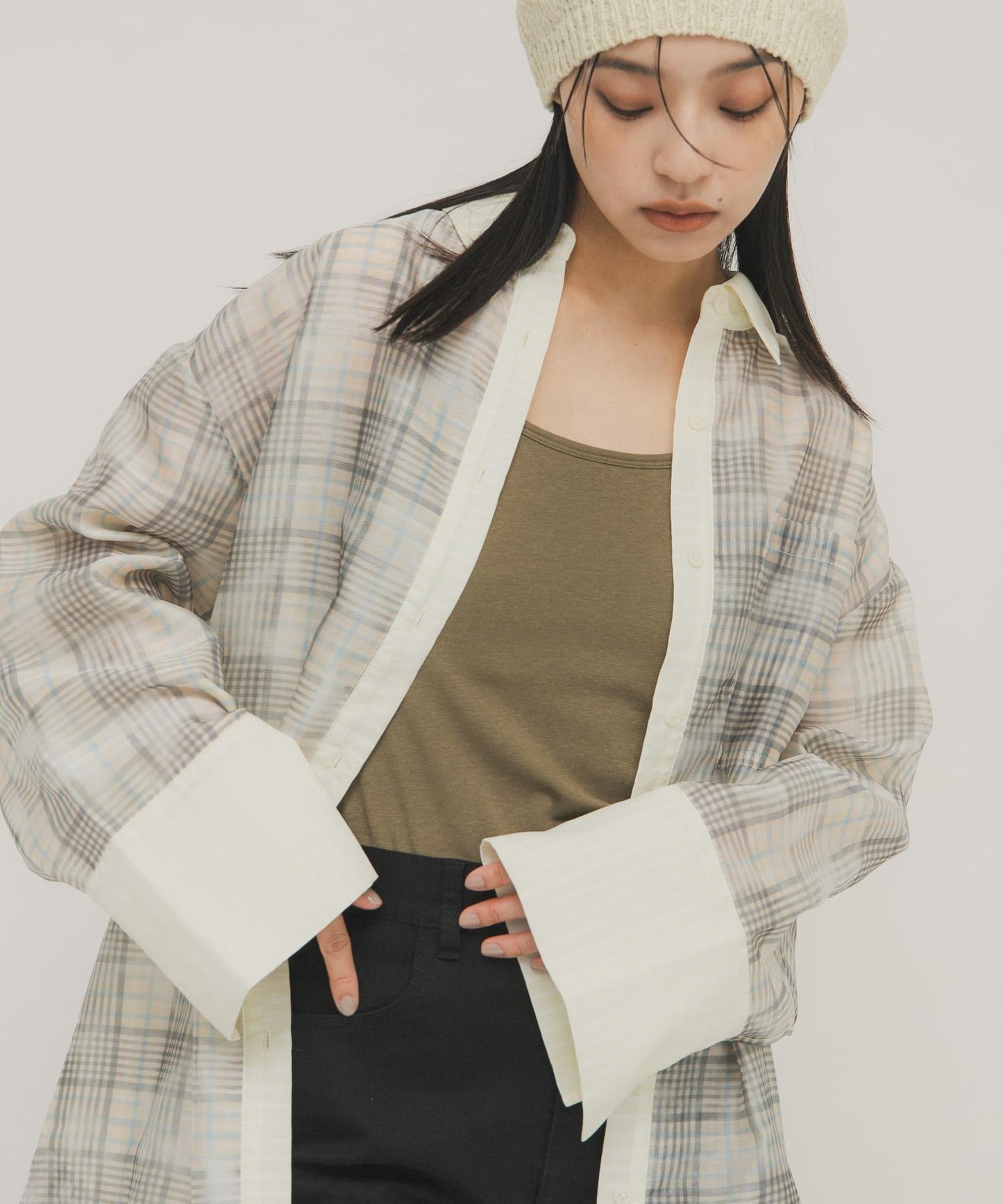 輕透格紋層疊設計襯衫