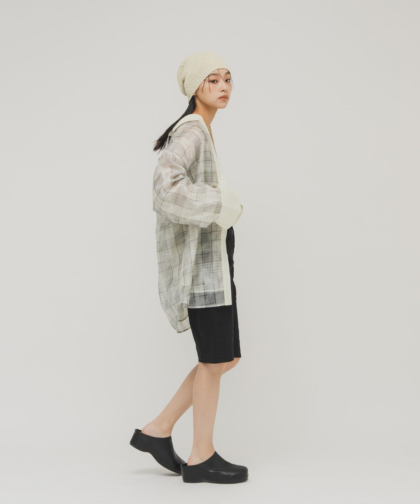 輕透格紋層疊設計襯衫