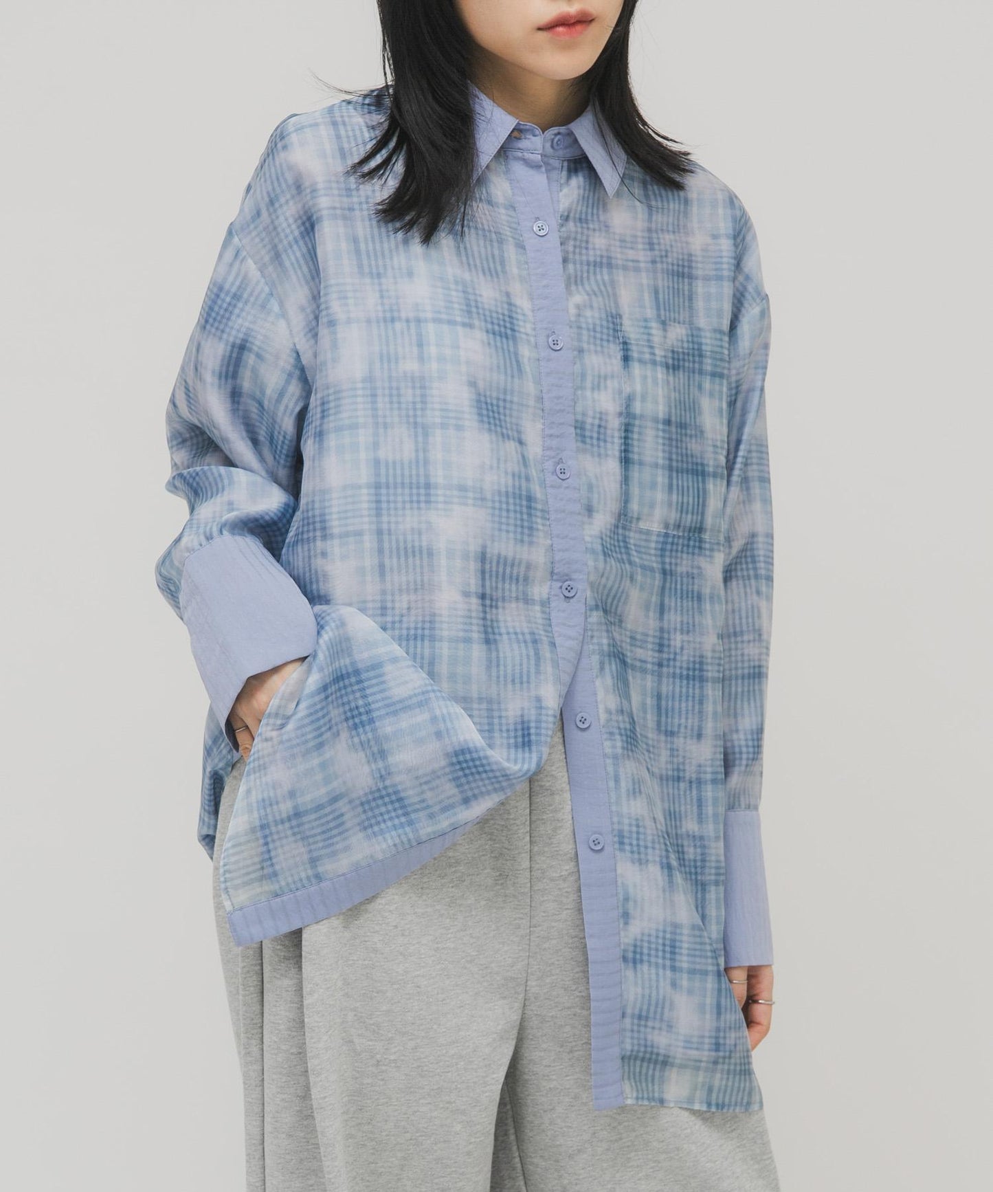 輕透格紋層疊設計襯衫