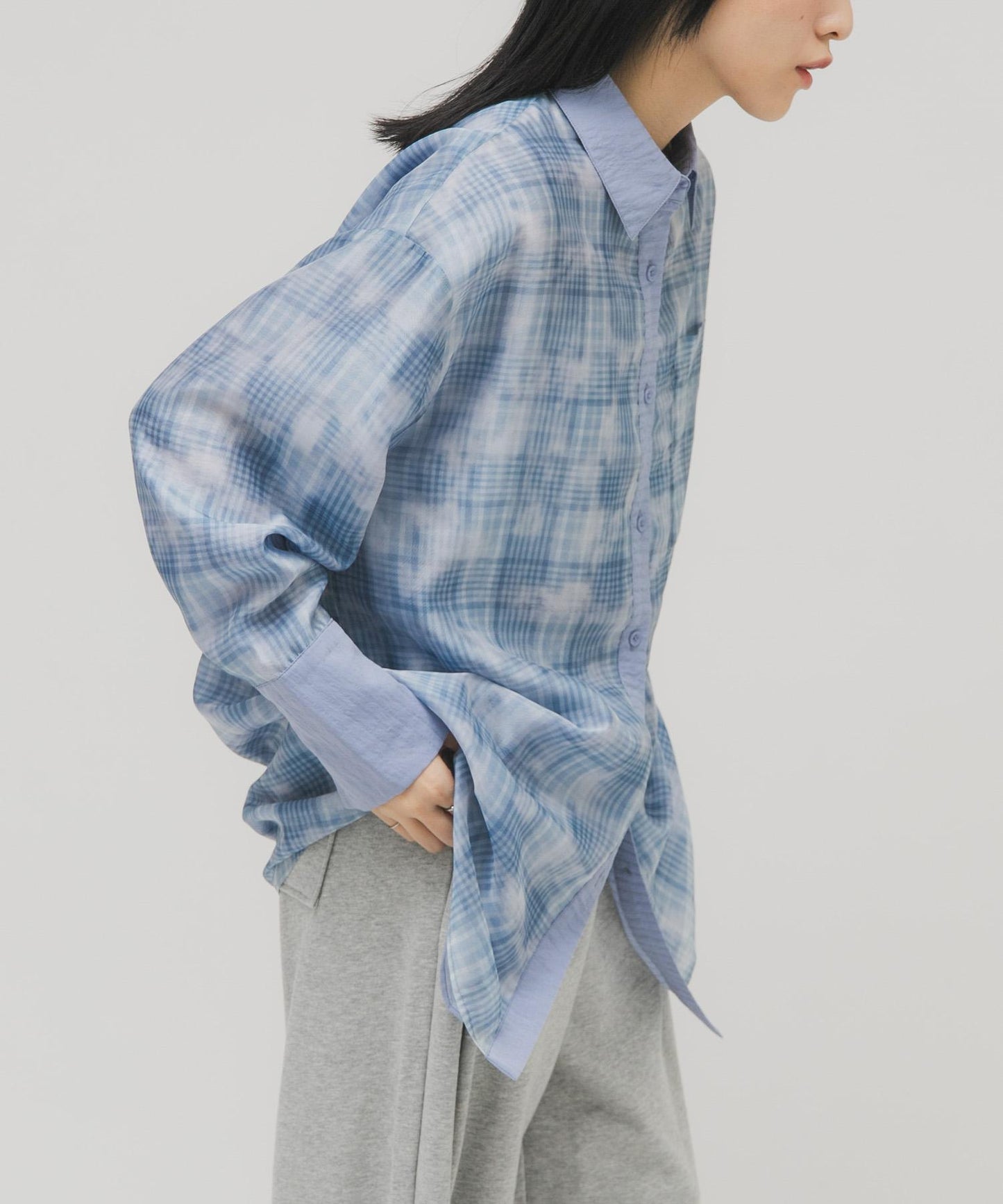 輕透格紋層疊設計襯衫