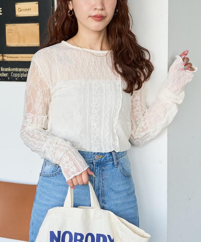 レースパッチワークロングスリーブトップス【限定展開】