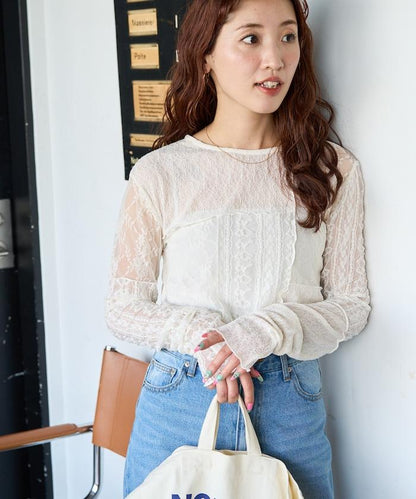 レースパッチワークロングスリーブトップス【限定展開】