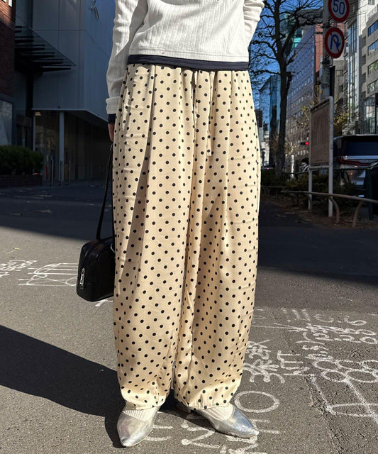 蕾絲口袋 弧形版型 圓點緞面 褲子