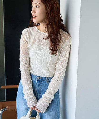 レースパッチワークロングスリーブトップス【限定展開】