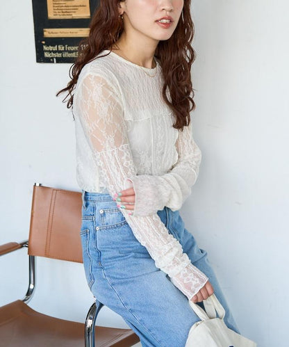 レースパッチワークロングスリーブトップス【限定展開】