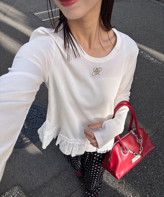 裾レースストレッチリブトップス