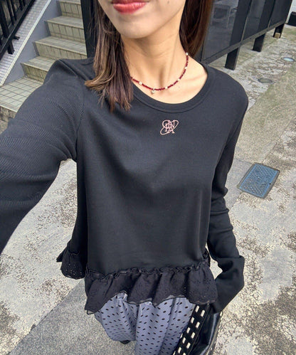 裾レースストレッチリブトップス