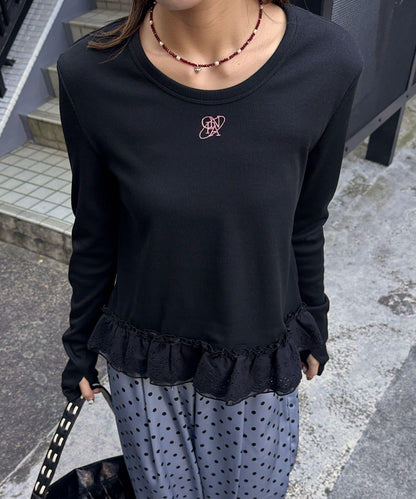 裾レースストレッチリブトップス