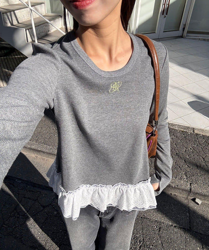 裾レースストレッチリブトップス