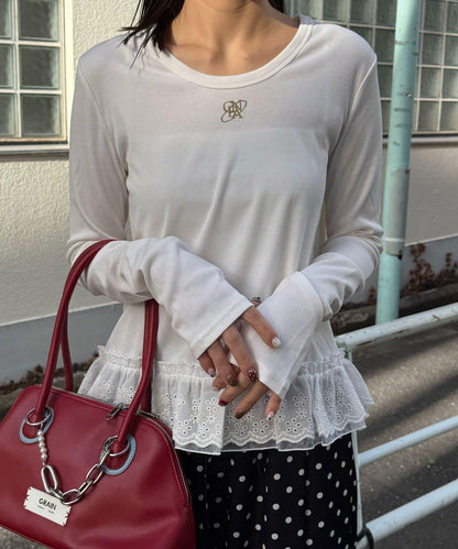 裾レースストレッチリブトップス