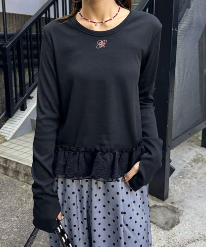 裾レースストレッチリブトップス