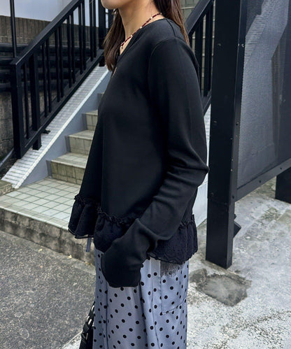 裾レースストレッチリブトップス