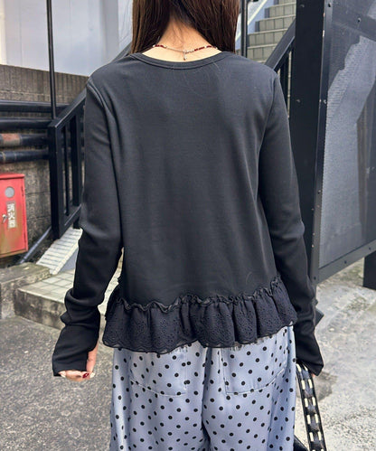 裾レースストレッチリブトップス