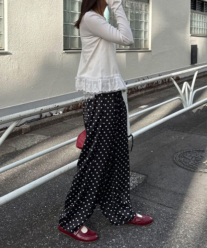 裾レースストレッチリブトップス