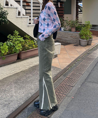 蕾絲省褶喇叭牛仔褲