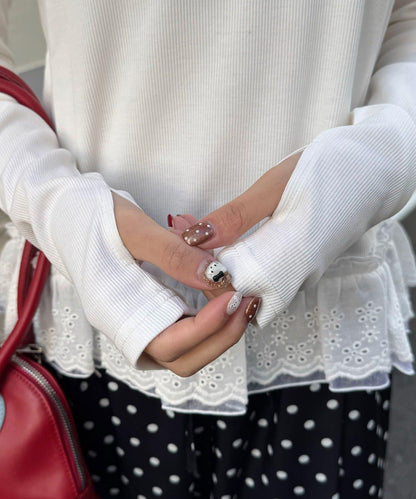 裾レースストレッチリブトップス