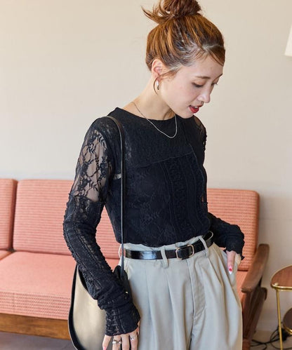 レースパッチワークロングスリーブトップス【限定展開】