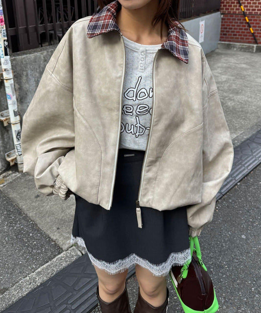 格紋領 泡泡版型 仿皮 短款夾克