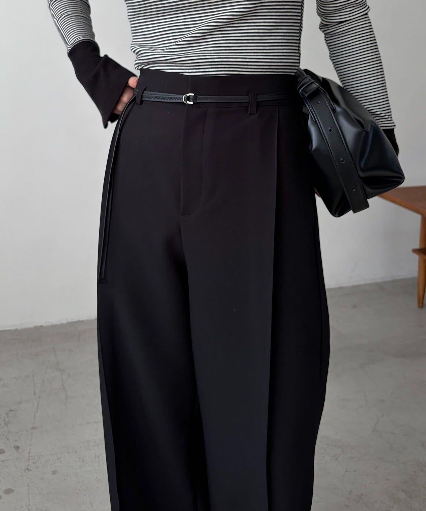 小個子尺碼 弧形褶皺繫帶 褲子