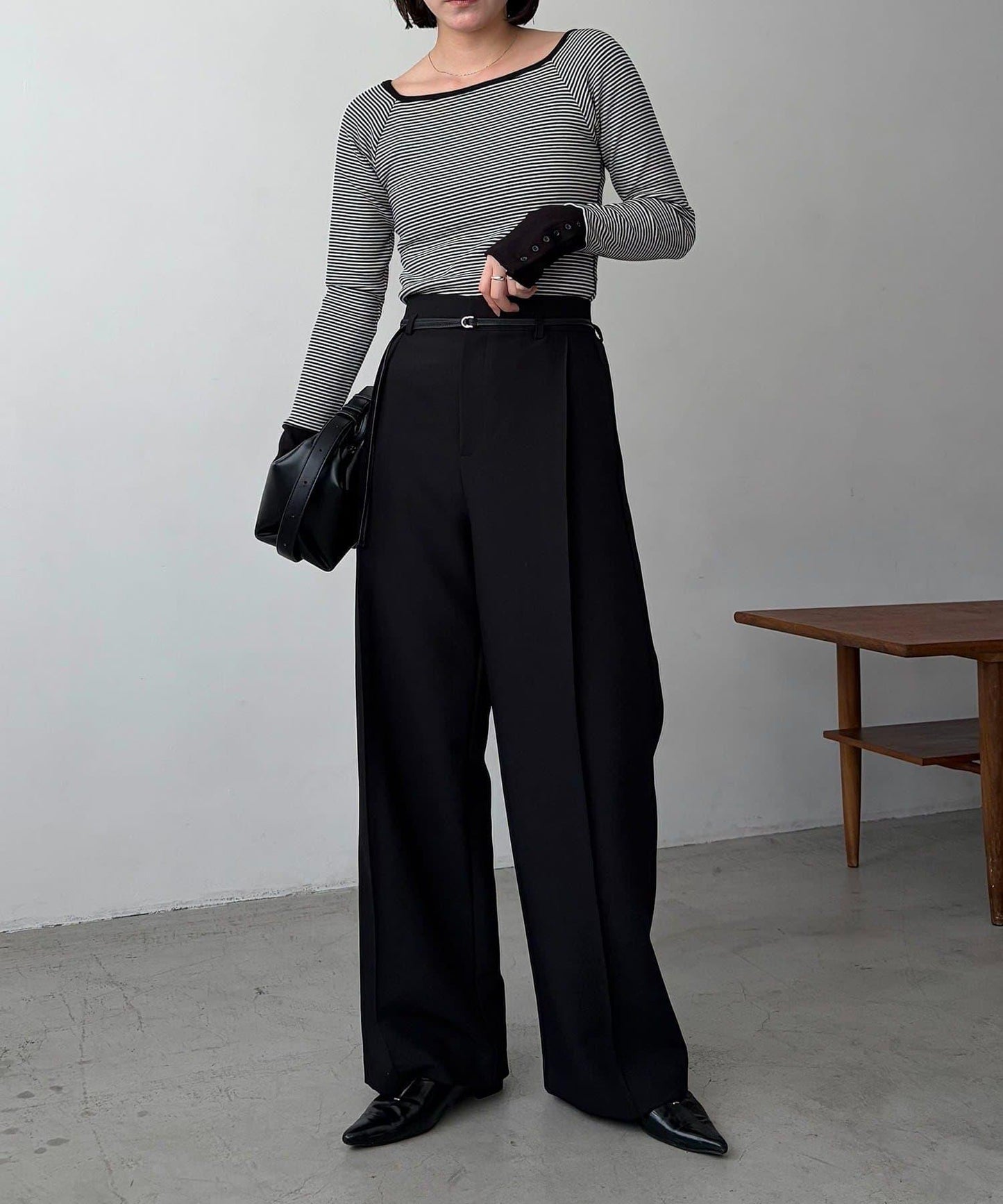 小個子尺碼 弧形褶皺繫帶 褲子