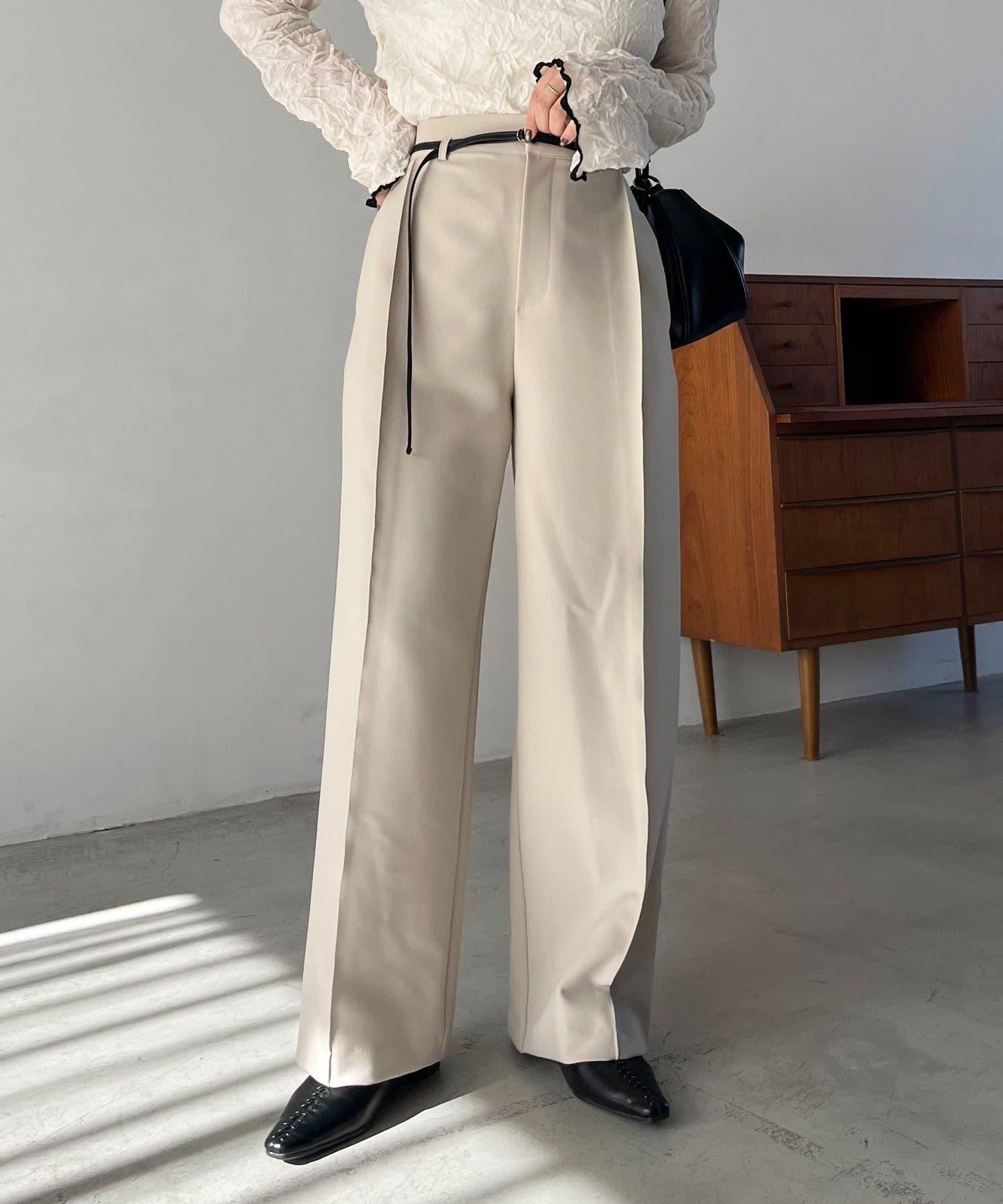 小個子尺碼 弧形褶皺繫帶 褲子