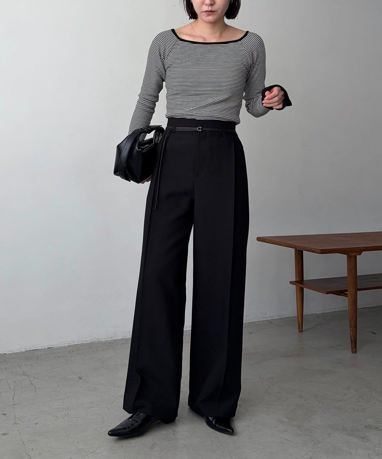 小個子尺碼 弧形褶皺繫帶 褲子