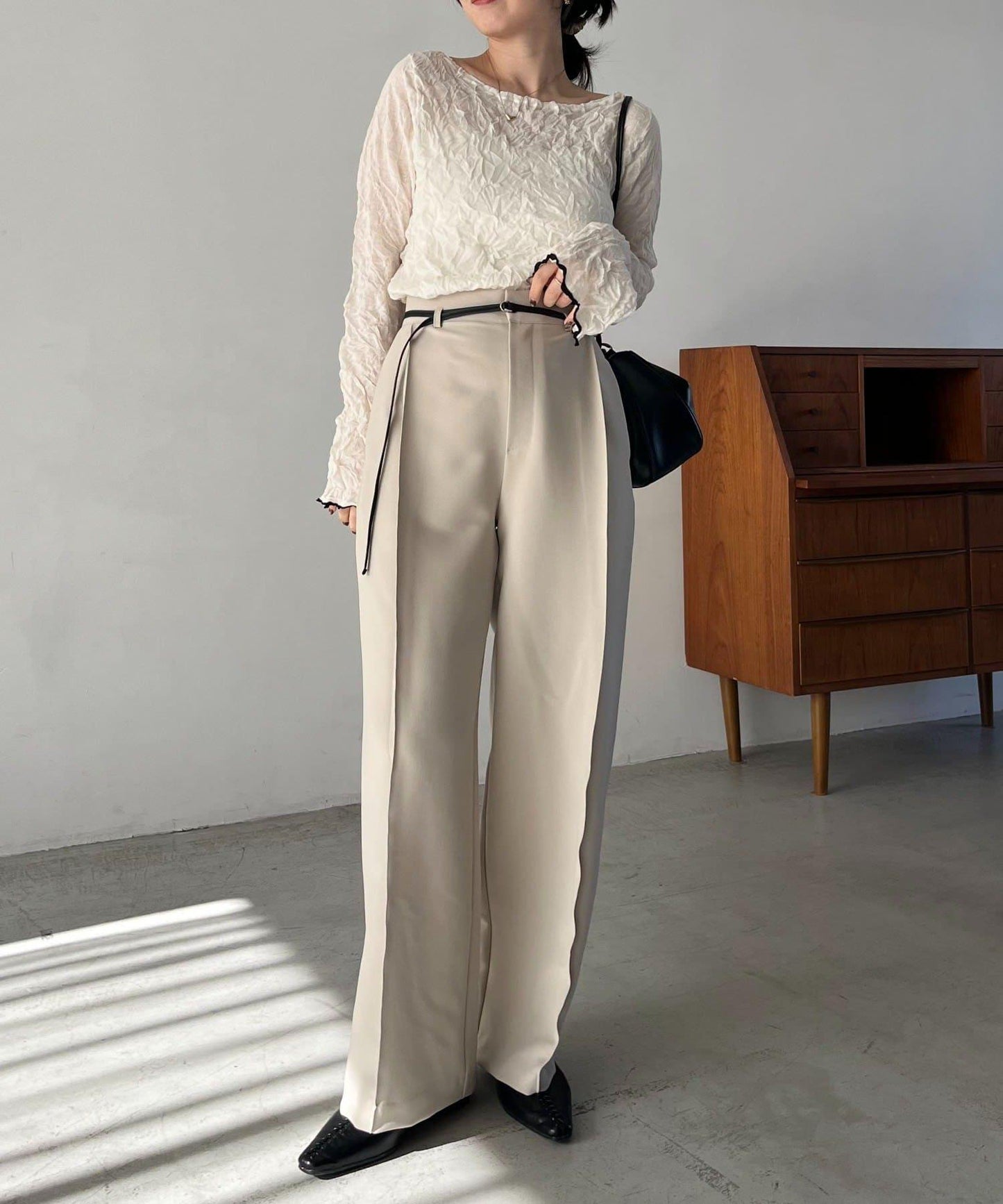 小個子尺碼 弧形褶皺繫帶 褲子