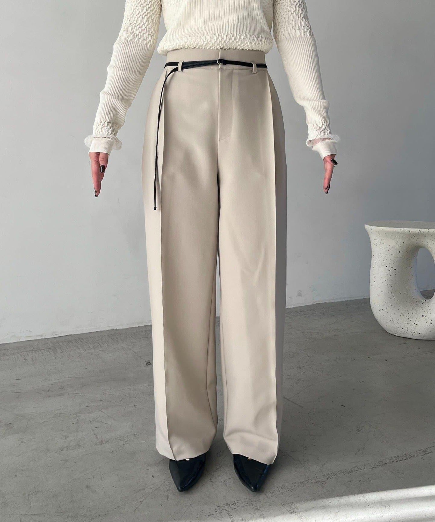 小個子尺碼 弧形褶皺繫帶 褲子