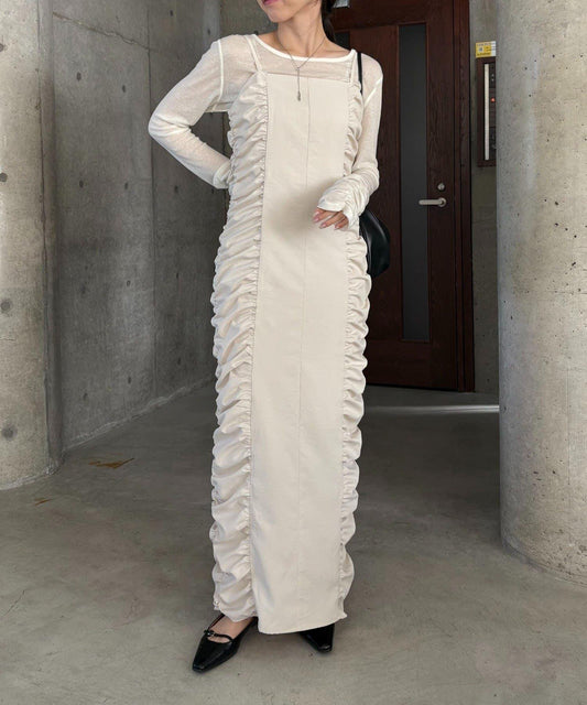 抽褶設計吊帶連衣裙