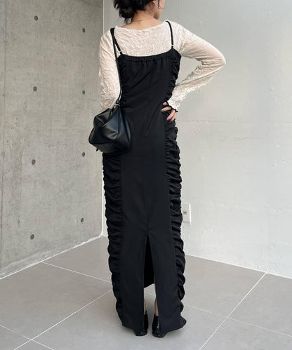 抽褶設計吊帶連衣裙