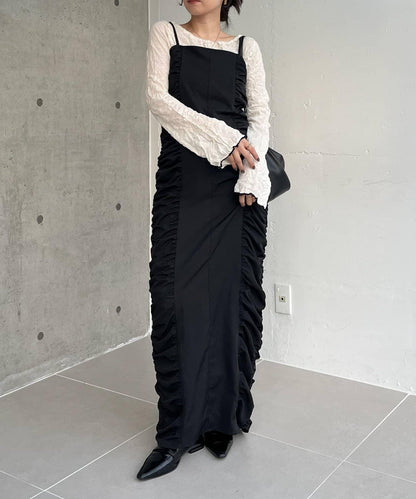 抽褶設計吊帶連衣裙