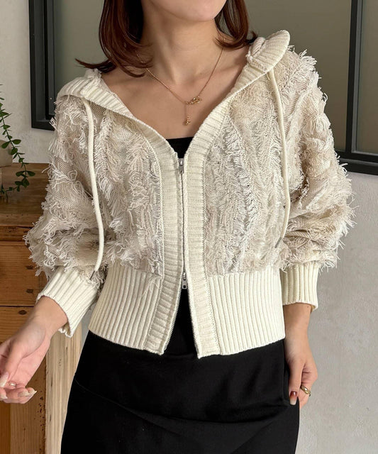 流蘇雙拉鍊連帽針織開衫