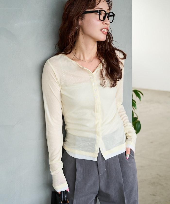 配色シアーリブボタンカーディガン【限定展開】