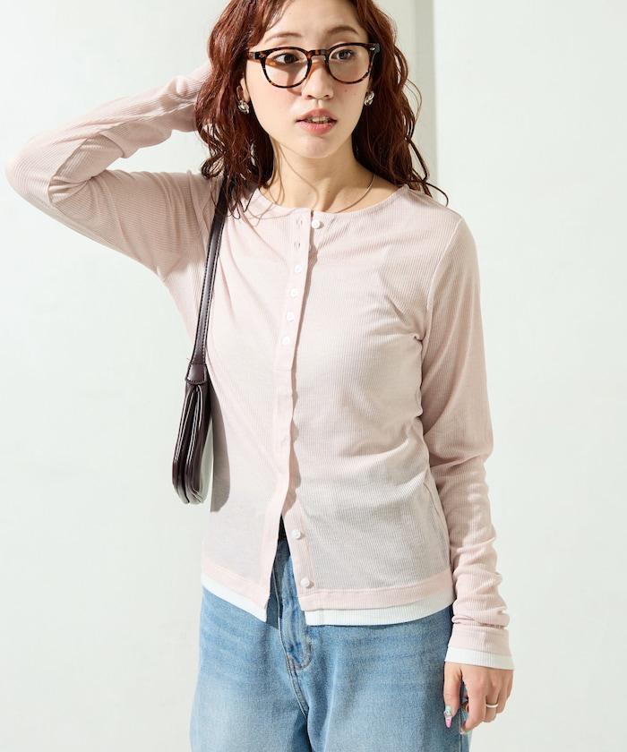 配色シアーリブボタンカーディガン【限定展開】